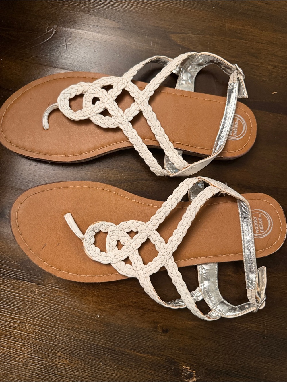 wonder nation Braided T-Strap Sandals in Silver and Tan